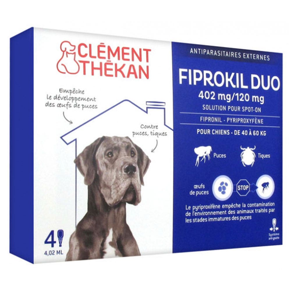 Clement-Thekan Fiprokil FIprokil Duo Control de Pulgas y Garrapatas para Perros 40-60kg 4 Pipetas Chien 10-20kg 4.02ml x4 pipetas