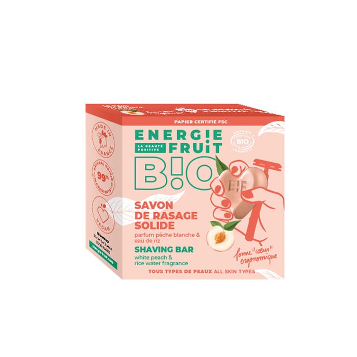 Energie Fruit Jabón de afeitado sólido con certificado ecológico, melocotón blanco y agua de arroz CERTIFIE BIO PAR ECOCERT 60g