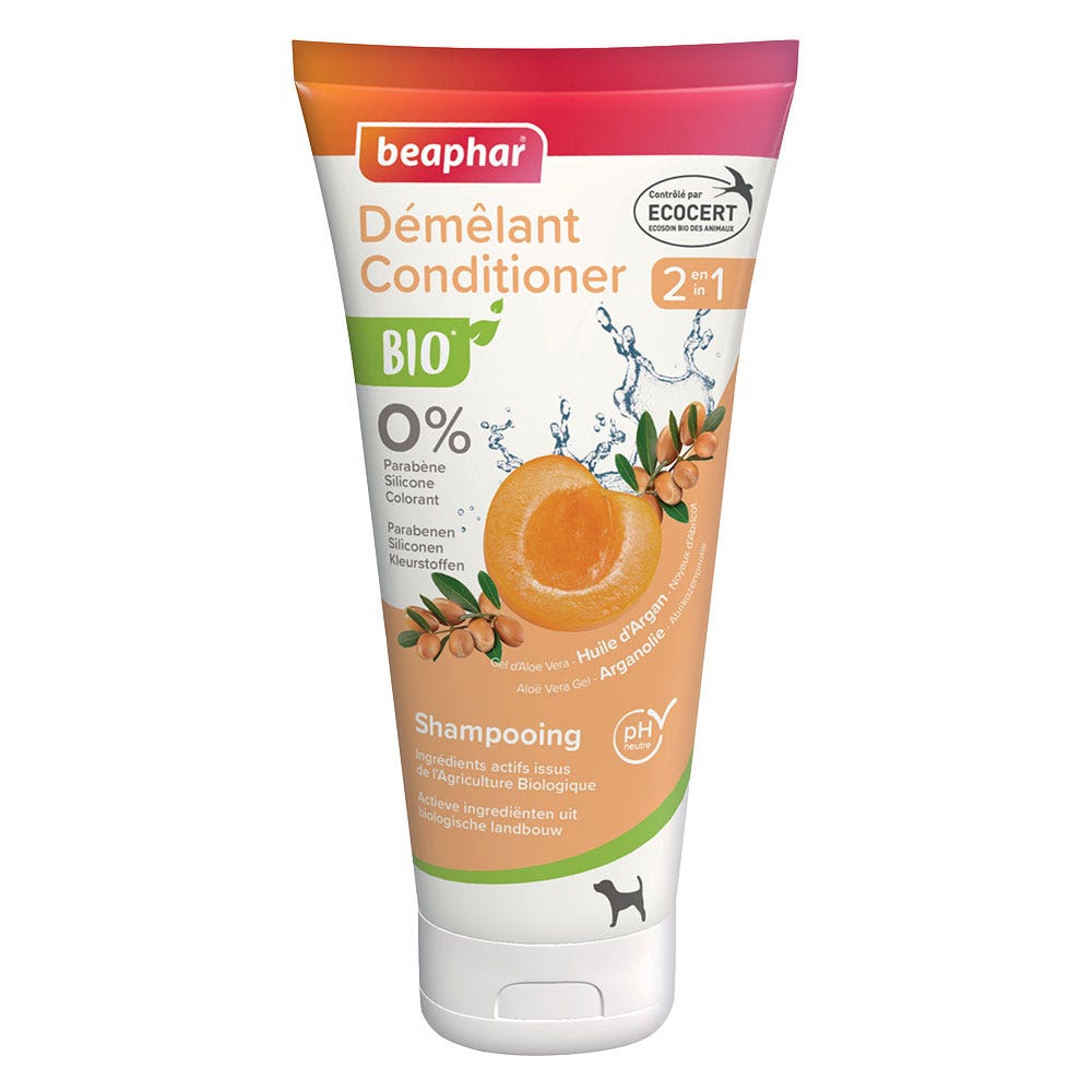 Beaphar Champú desenredante 2en1 para perros Gel de Aloe Vera, Aceite de Argán, Hueso de Albaricoque Bio 200 ml