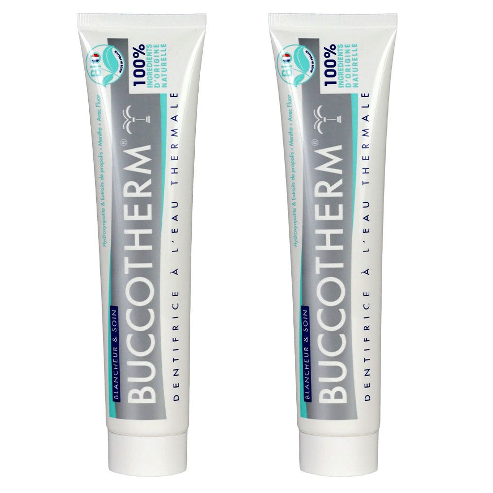 Buccotherm Pasta dentífrica Blanqueadora y Cuidadora con Agua termal ecológica 2x75ml