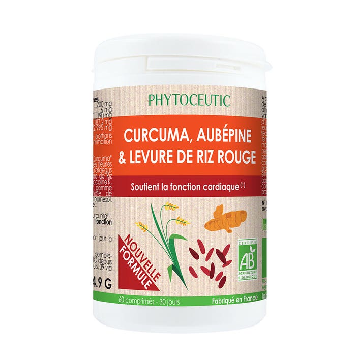 Phytoceutic Cúrcuma, espino blanco y levadura de arroz rojo ecológico Favorece la función cardiaca 60 comprimidos