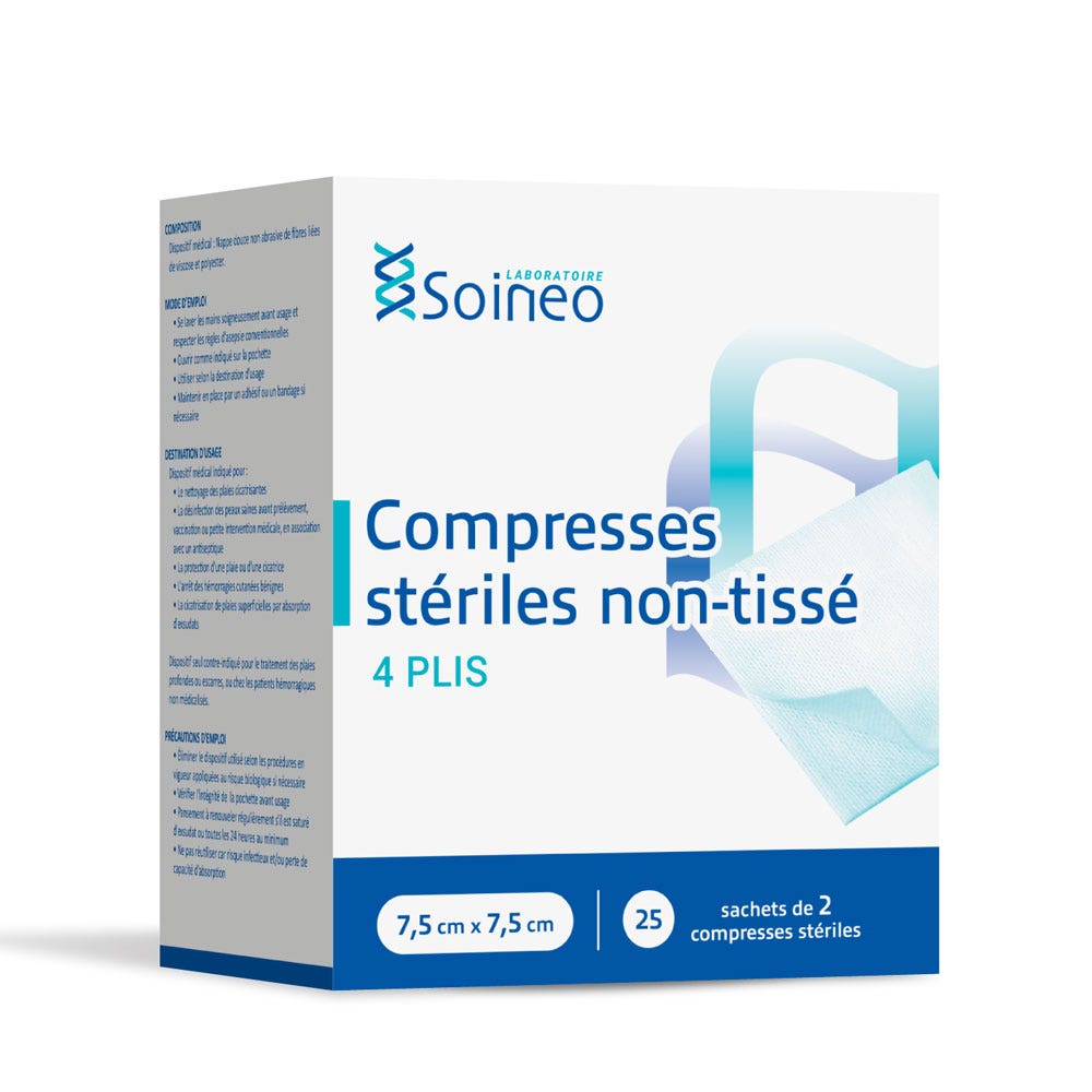 Soineo Compresas estériles no tejidas 7,5x7,5cm x25 paquetes de 2 Compresas