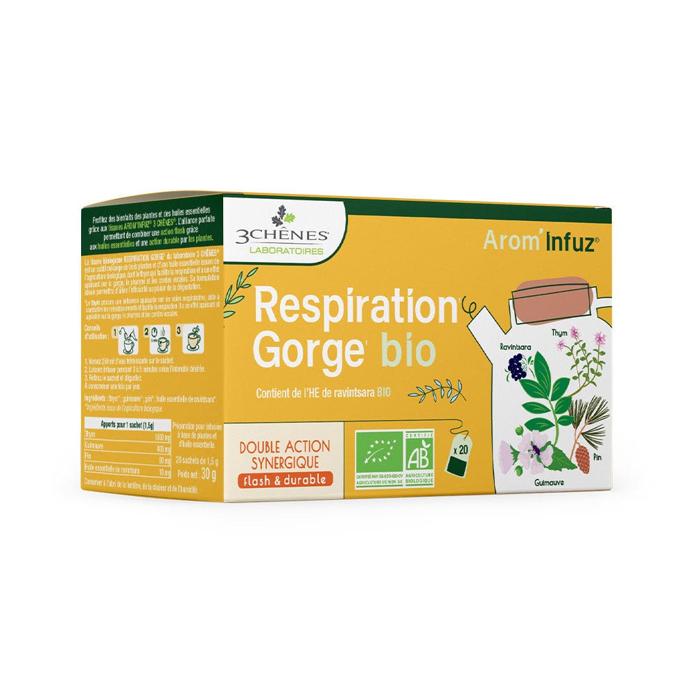 3 Chênes Infusión respiración garganta bio 20 bolsitas
