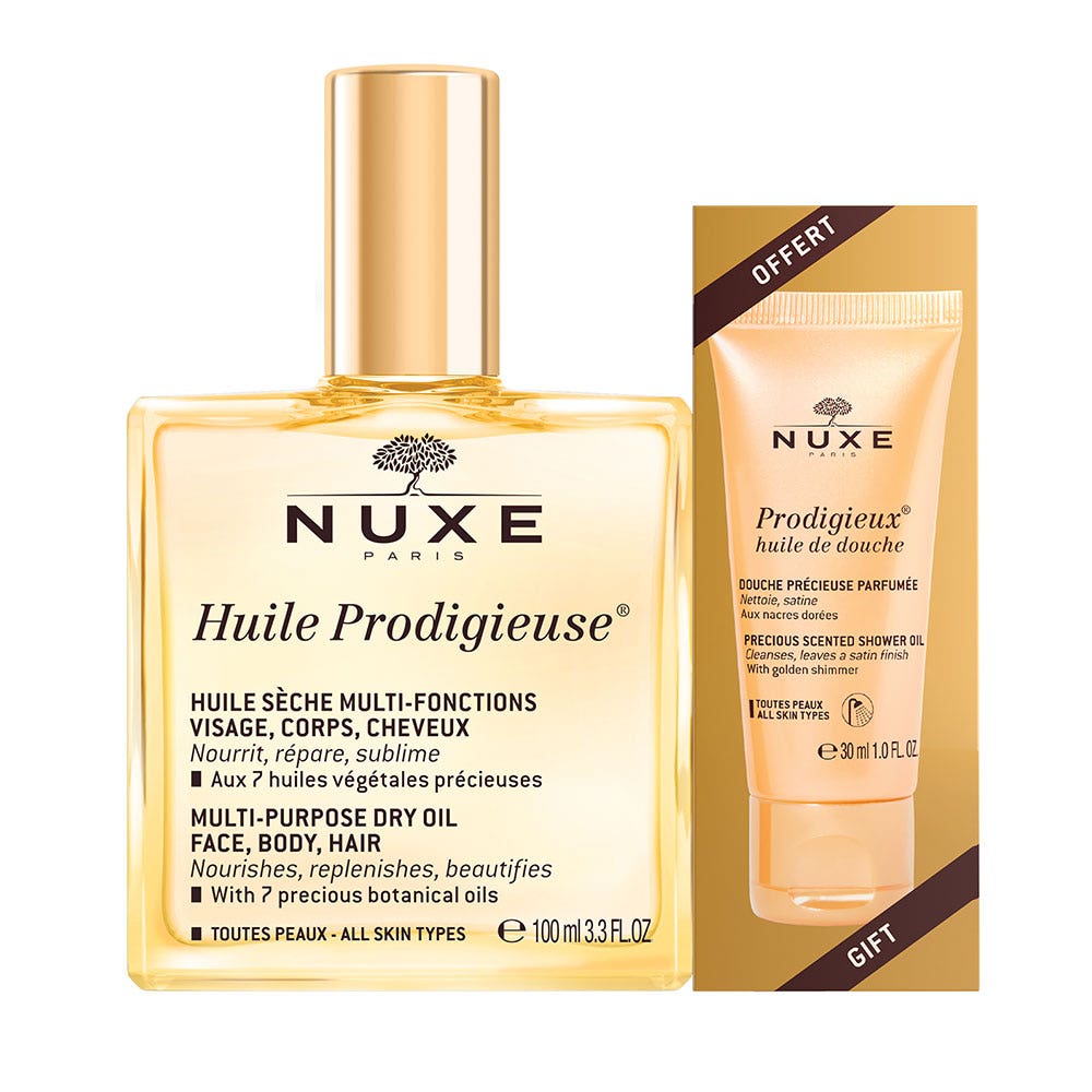 Nuxe Huile Prodigieuse Huile Sèche Multi-fonctions 100ml + Huile de douche 30ml Visage Corps Et Cheveux