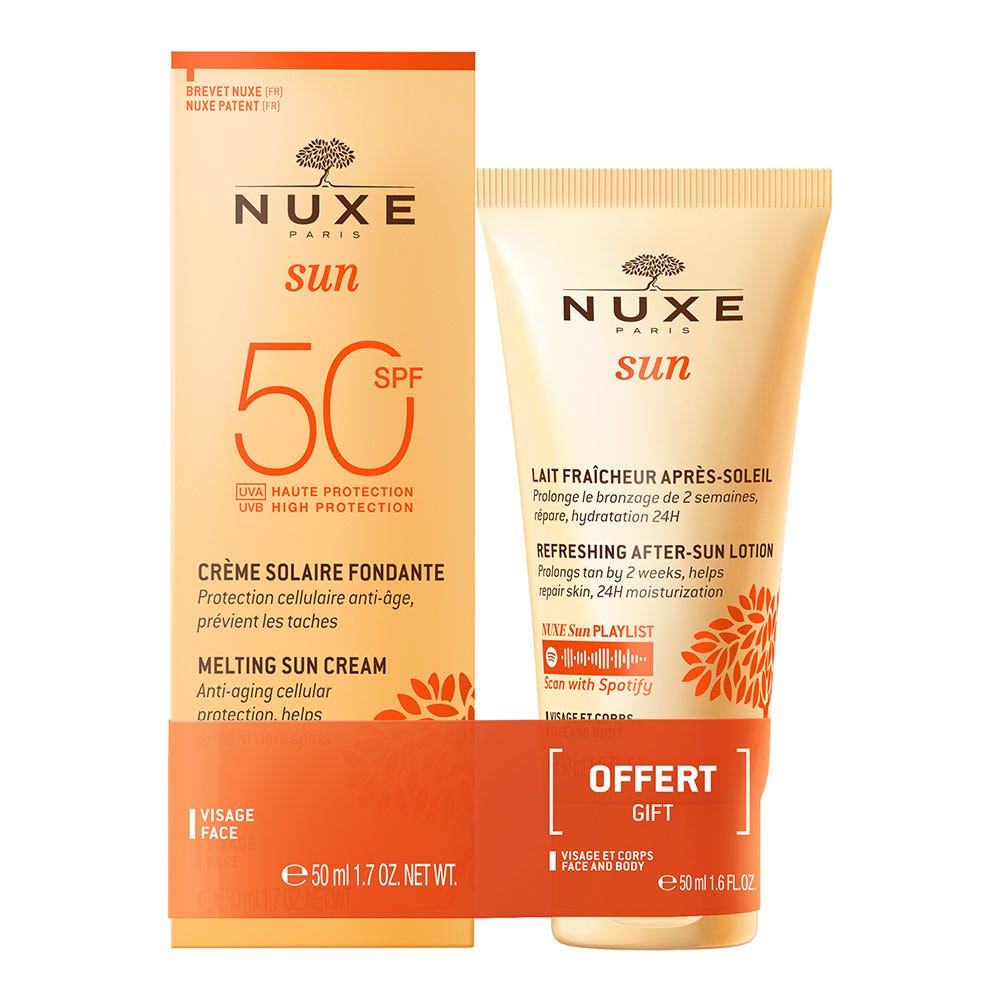 Nuxe Sun Crema fundente facial alta protección SPF50 50ml + loción aftersun refrescante 50ml