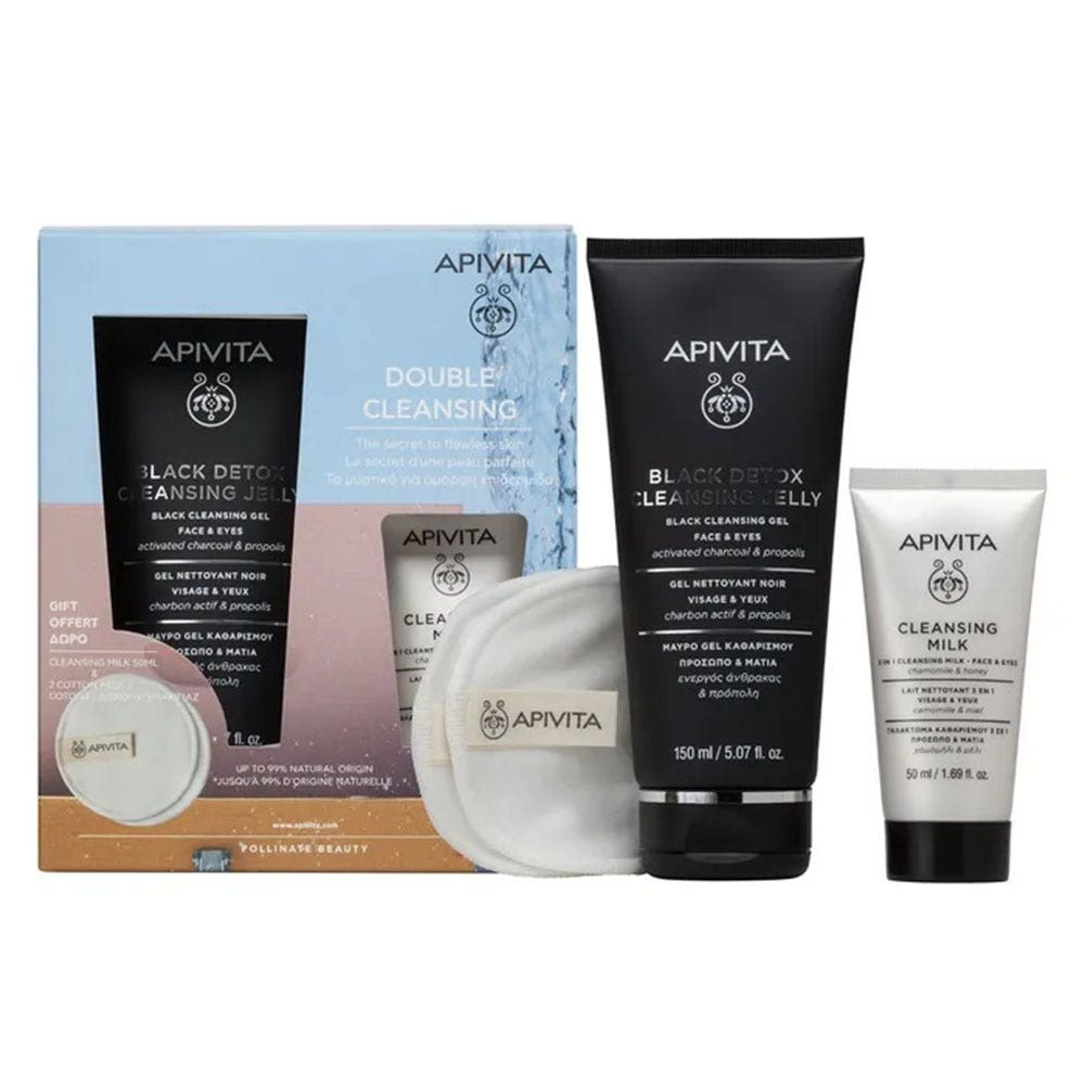 Apivita Set Doble Limpieza Gel Limpiador Negro 150ml + Leche Limpiadora 3 en 1 50ml + Bastoncillos Reutilizables