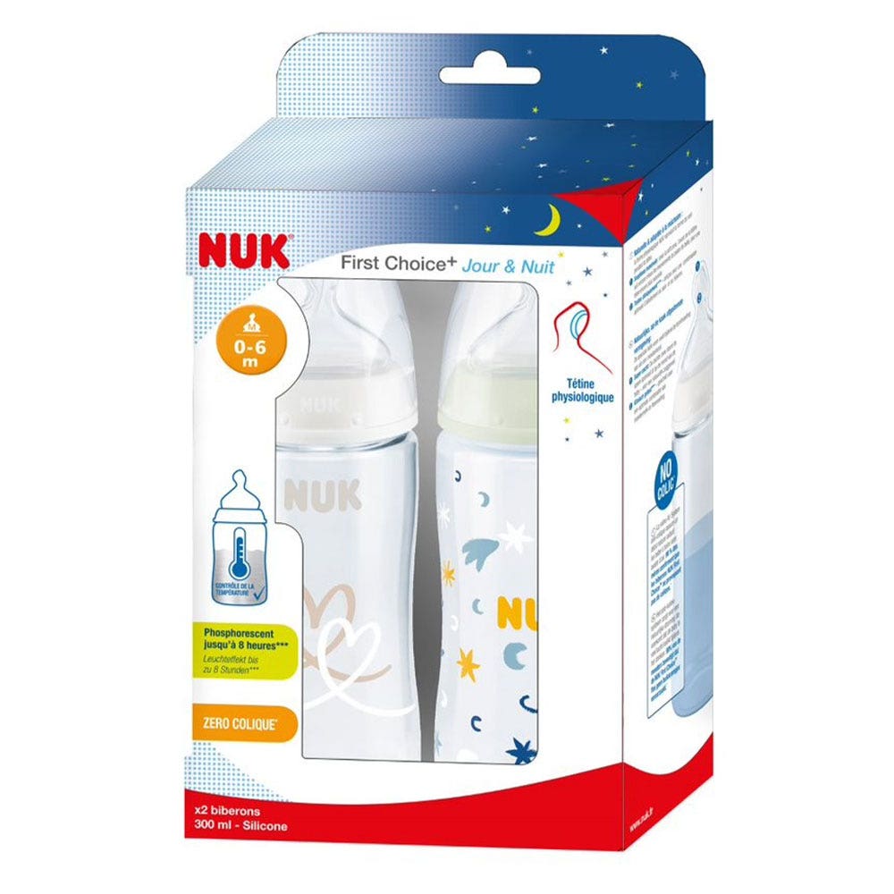 Nuk First Choice+ avec Temperature Control Biberón de silicona Día/Noche de 0 a 6 meses 2x300 ml