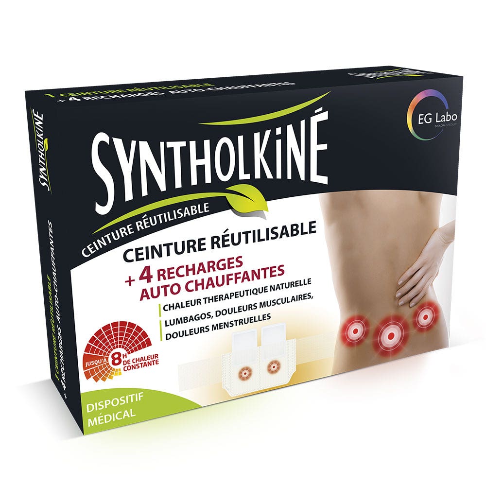 EG Labo SyntholKiné Cinturón reutilizable SyntholKiné + 4 Recambios de calefactor de coche + 4 Recharges Auto Chauffantes