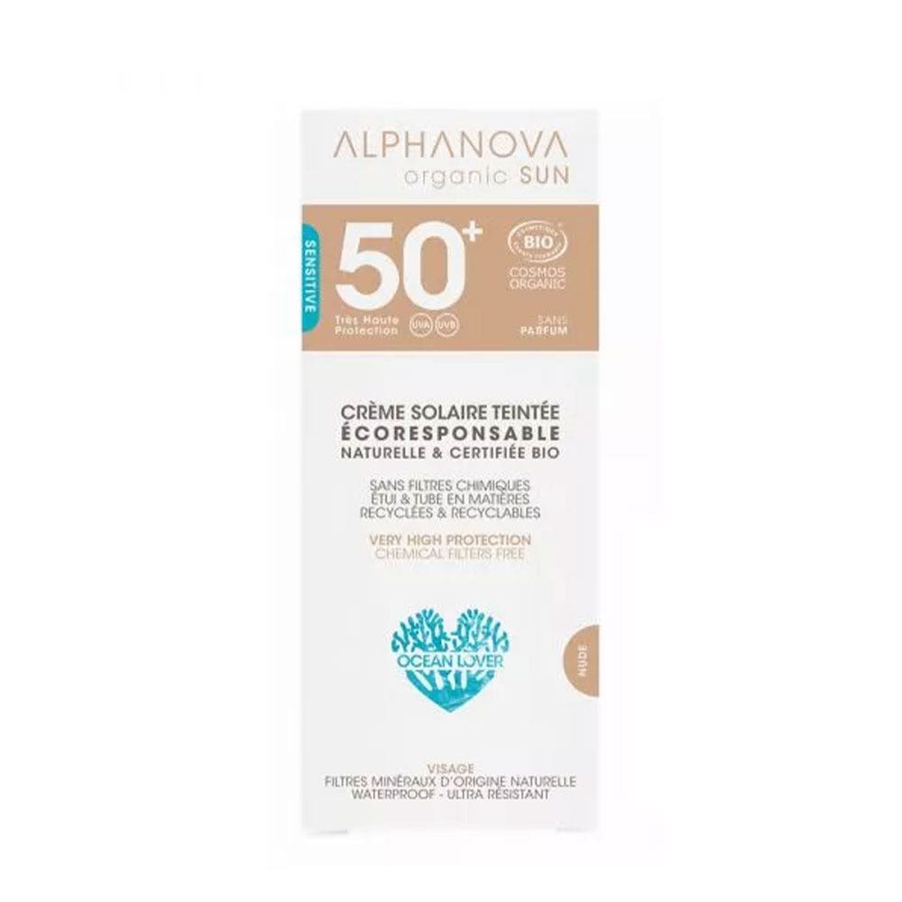 Alphanova Organic Sun Crema solar con color protección muy alta SPF50+ bio tono claro pieles sensibles y reactivas 50g