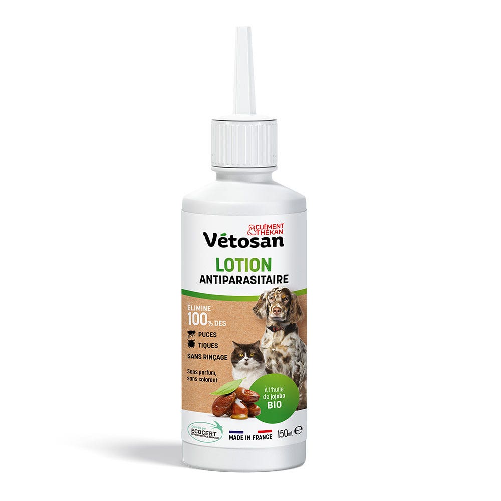 Clement-Thekan Vétosan Loción antiparasitaria sin aclarado Con Aceite de Jojoba Ecológico Para Perros y Gatos 150 ml