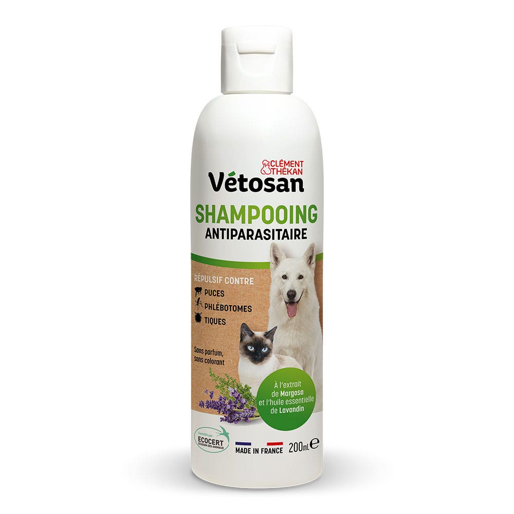 Clement-Thekan Vétosan Champú antiparasitario extracto de margosa y aceite esencial lavandín gatos y perros 200 ml