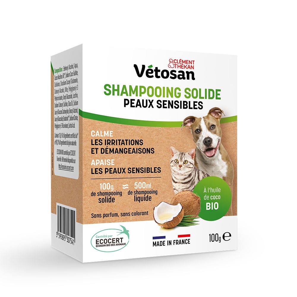 Clement-Thekan Vétosan Champú sólido Piel sensible Con Aceite de Coco Ecológico Para Perros y Gatos 100g