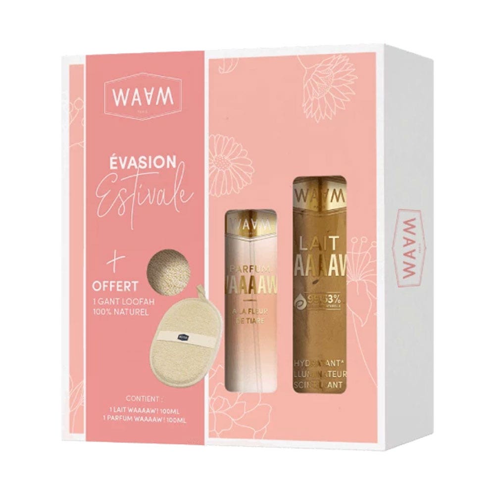 Waam Set Iluminador Evasión Verano + Guantes de lufa Fragancia Tiaré 200 ml