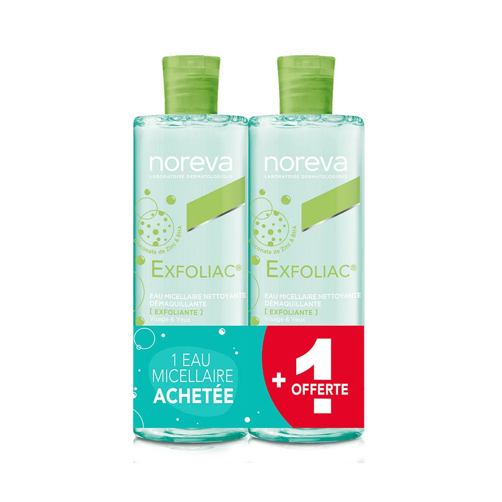 Noreva Exfoliac Agua micelar purificante rostro y ojos pieles con imperfecciones 2x400ml