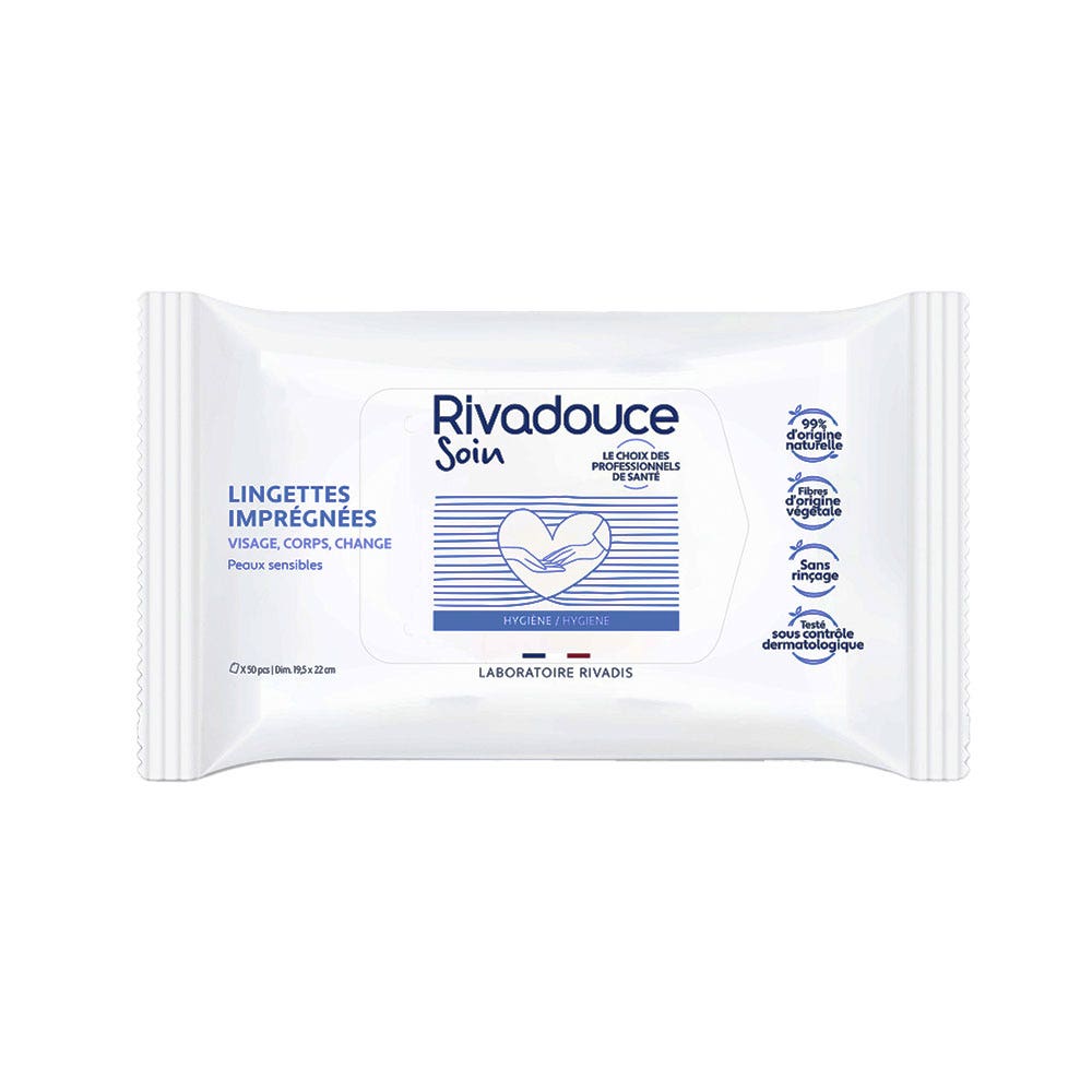 Rivadouce Soin Toallitas impregnadas rostro cuerpo y pañal piel sensible x50