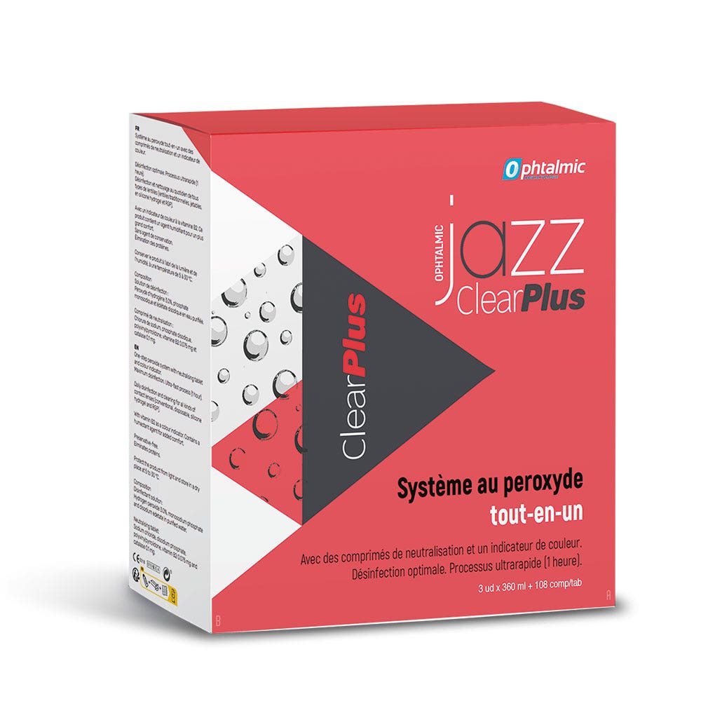 Ophtalmic ClearPlus Jazz Sslución oxidante para lentillas blandas y rígidas 3x360ml + 108 comprimidos