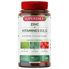 Superdiet Zinc + Vitaminas D3 y C Sistema inmunitario 60 cápsulas