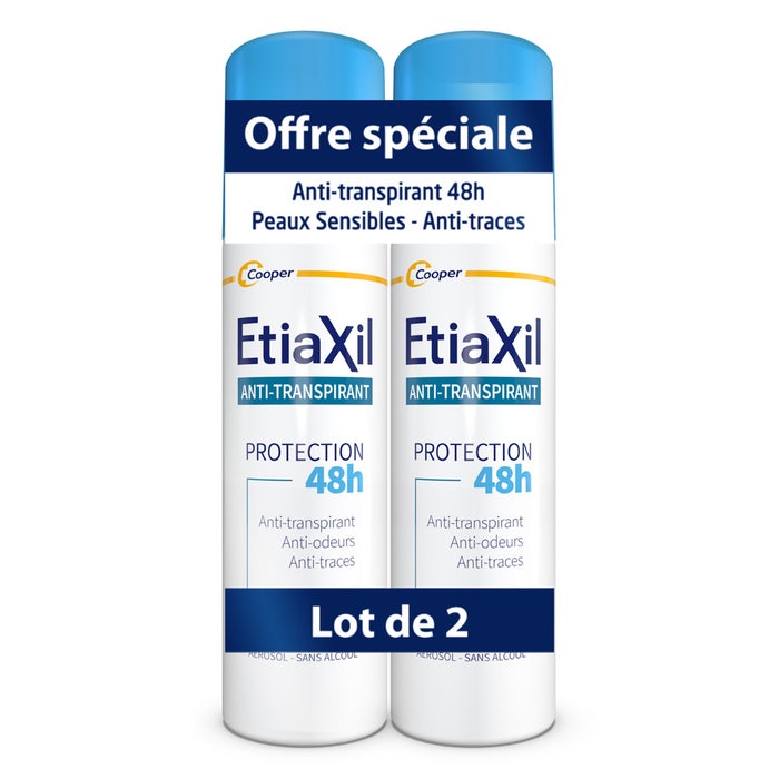 Etiaxil Anti-Transpirant Desodorante Aerosol 48h Protección Axilas Transpiración moderada pieles sensibles 2x150 ml