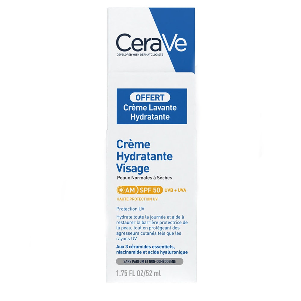 Cerave Crema facial hidratante SPF50 52ml + Crema limpiadora 20ml pieles normales a secas