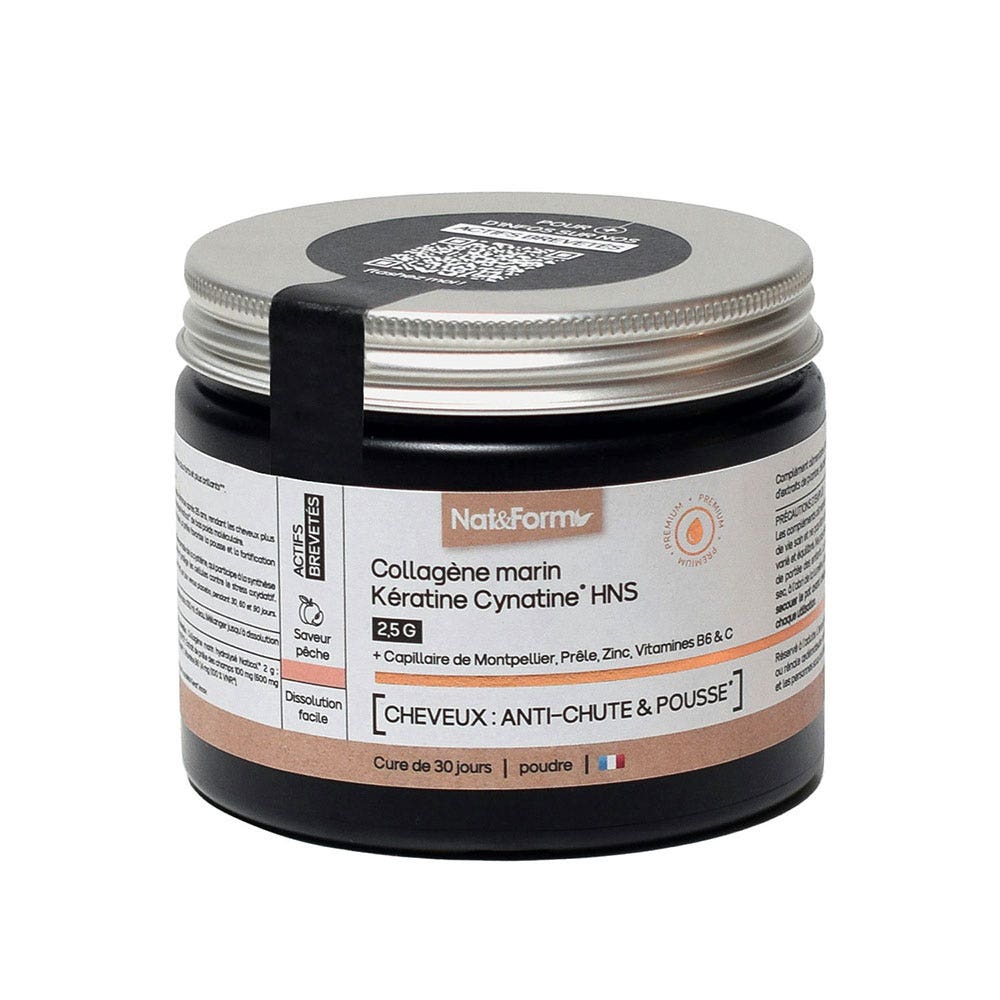 Nat&Form Colágeno Marino Keratina Cynatine HNS 2,5 g cabello anticaída y crecimiento sabor melocotón 120 g