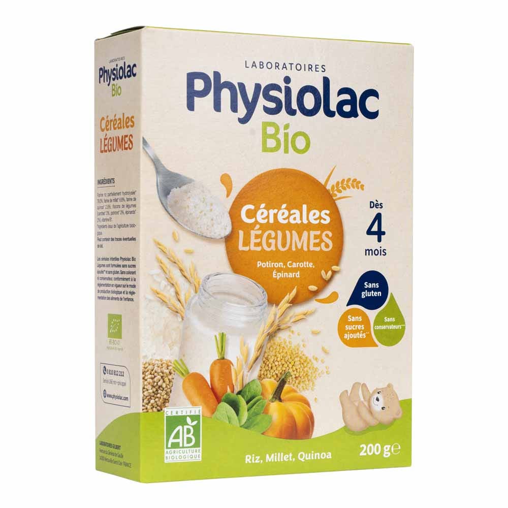 Physiolac Cereales Verduras Calabaza Zanahoria Espinacas Bio A partir de 4 meses 200g