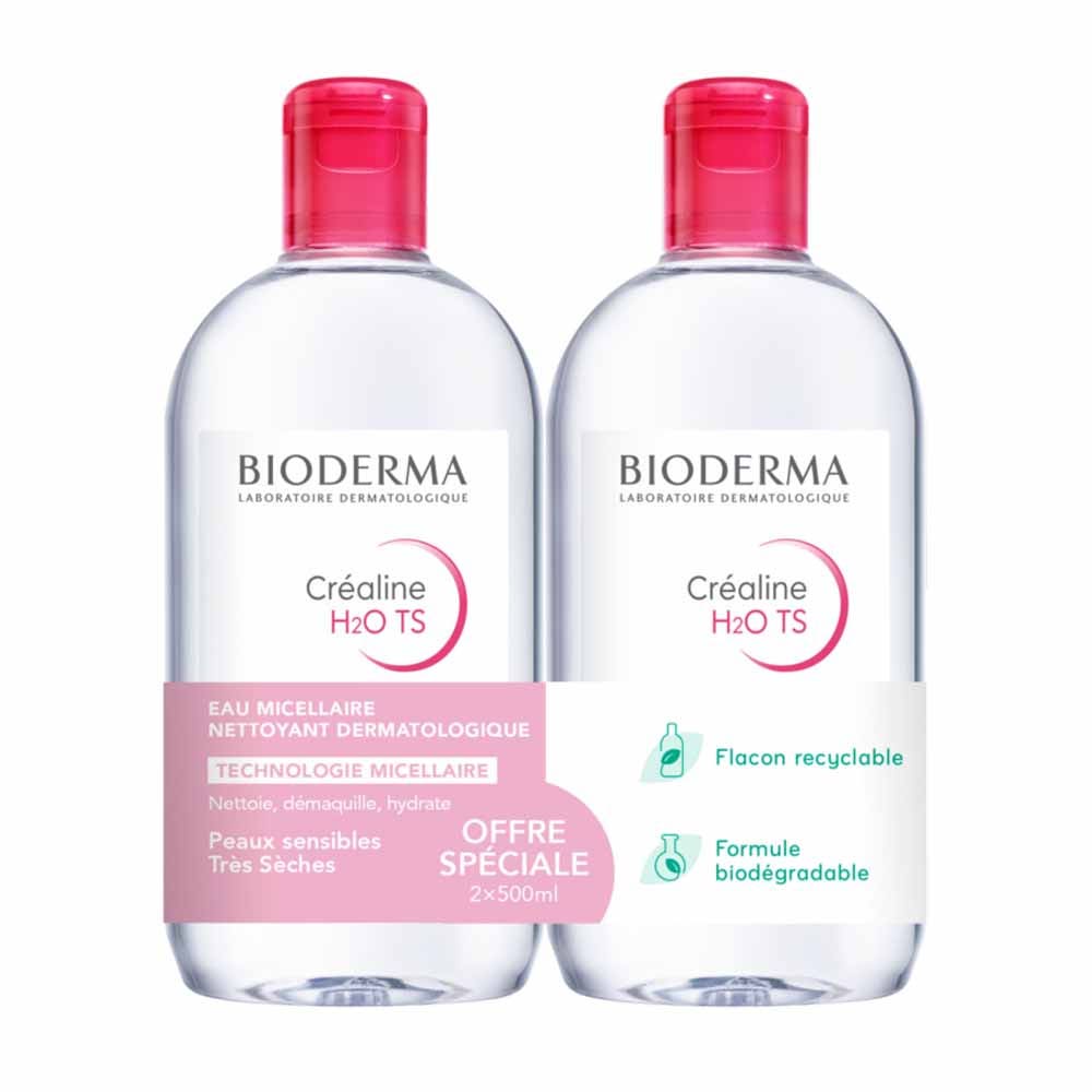 Bioderma Crealine Solución Micelar Desmaquillante Ts H2O H2O Ts Peaux sensibles, peaux sèches à très sèches 2x500ml