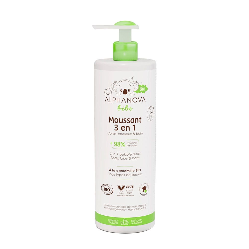 Alphanova Bebé Gel espumoso 3 en 1 cuerpo, cabello y baño bio 400 ml