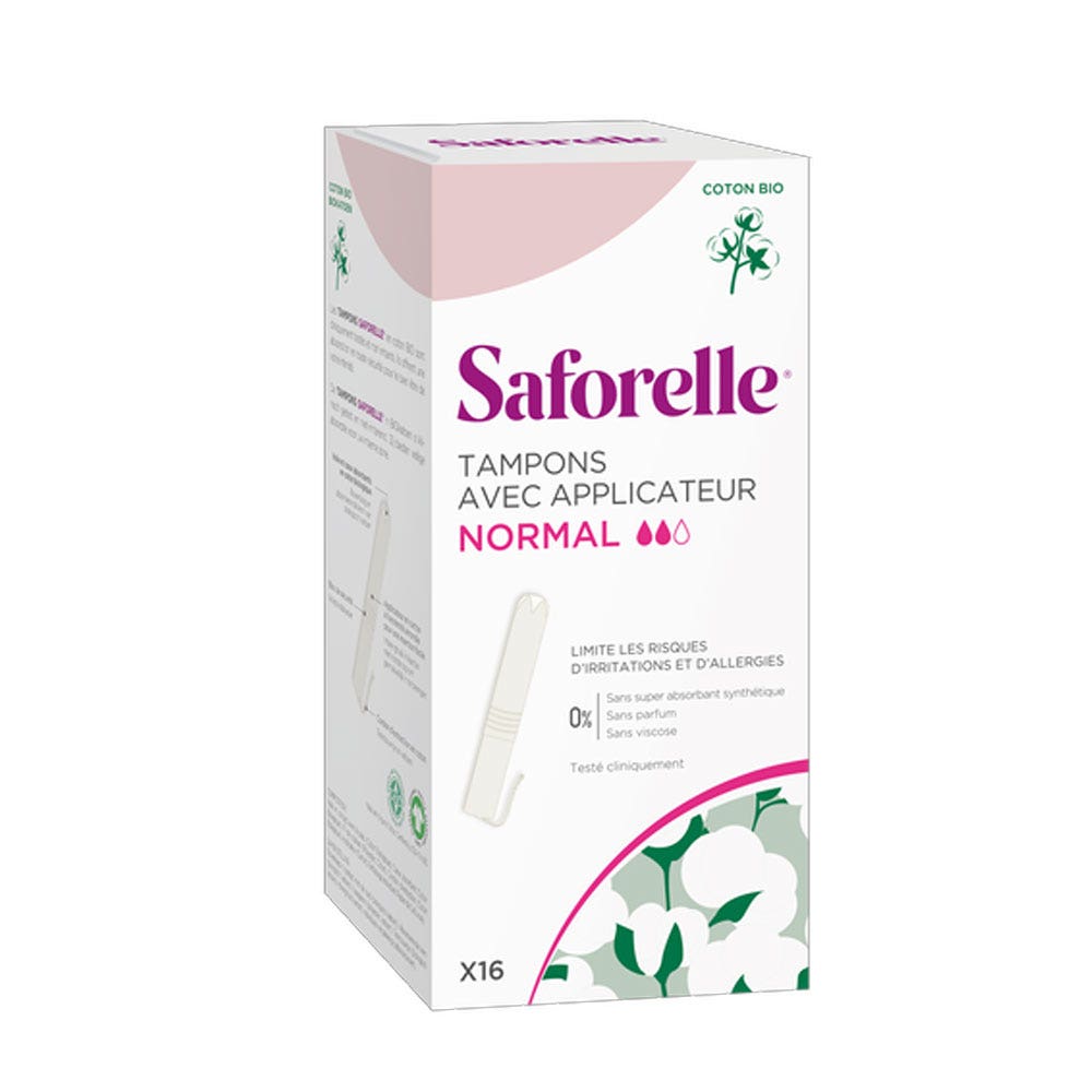 Saforelle Almohadilla normal con aplicadores Algodón orgánico x16