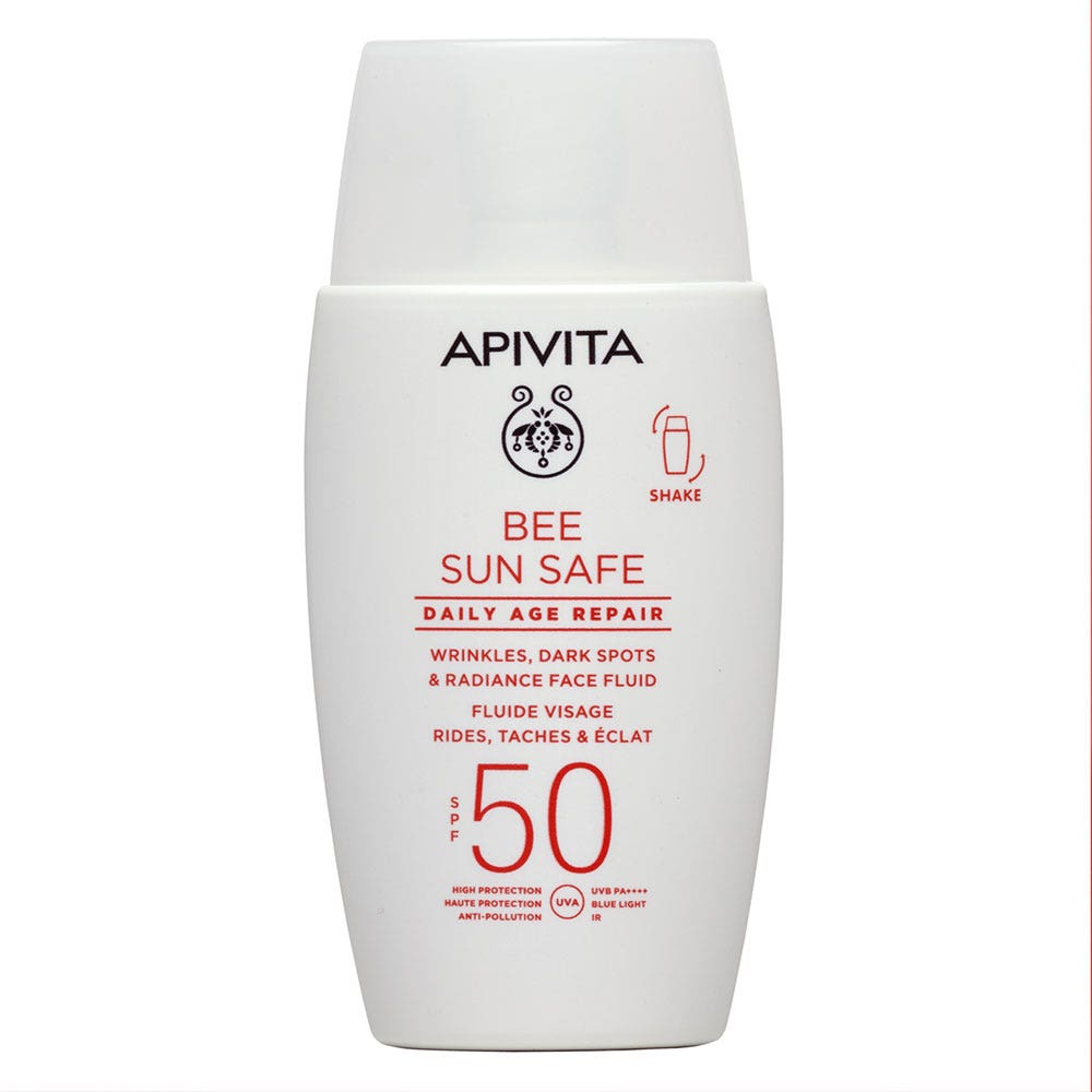Apivita Bee Sun Safe Fluido reparador antiedad rostro arrugas manchas luminosidad SPF50 50 ml