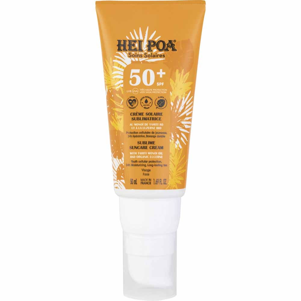 Hei Poa Solares Crema solar sublimadora SPF50+ para el rostro Au Monoï de Tahiti AO 50 ml