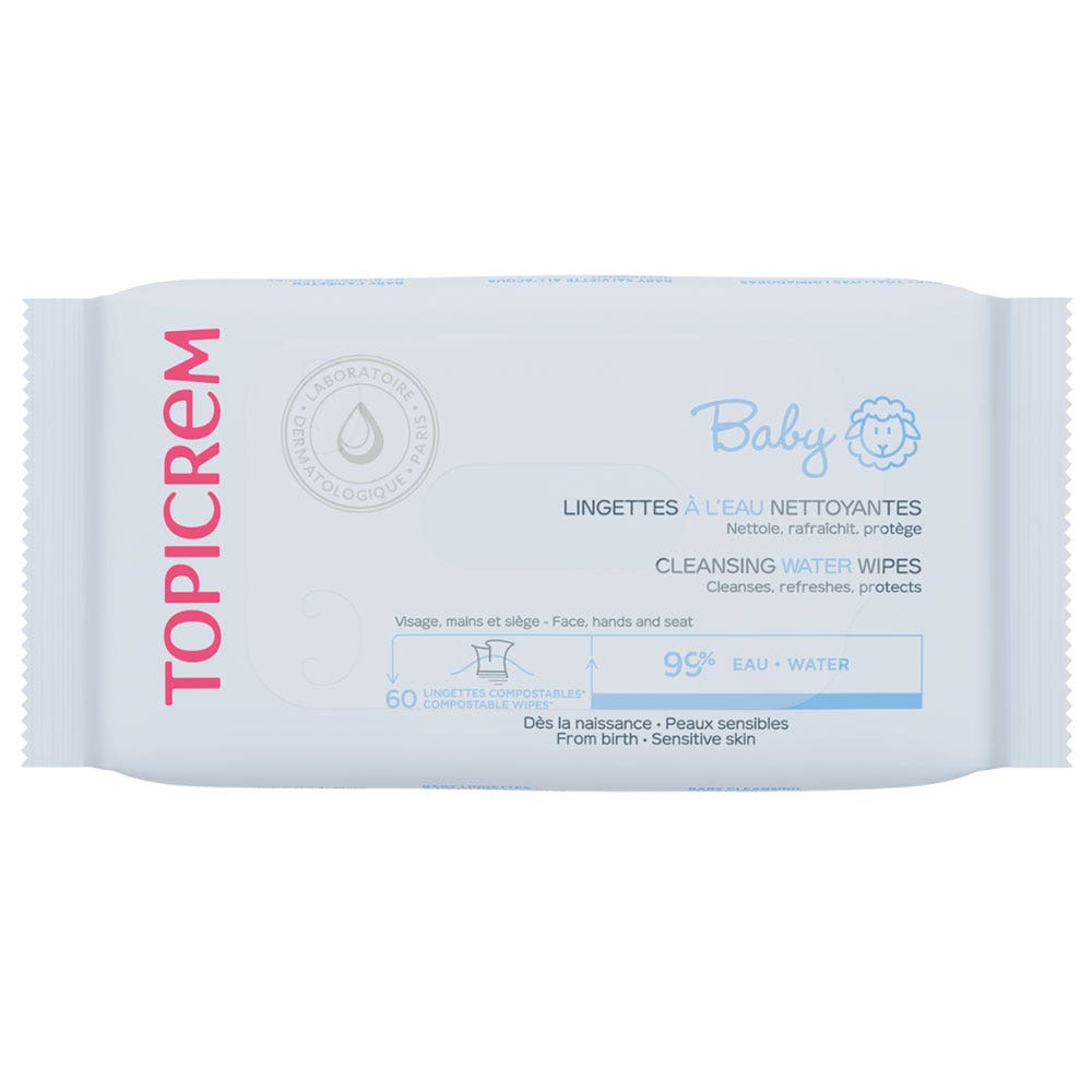Topicrem Bebé Toallitas limpiadoras para rostro, manos y zona del pañal 60 toallitas compostables