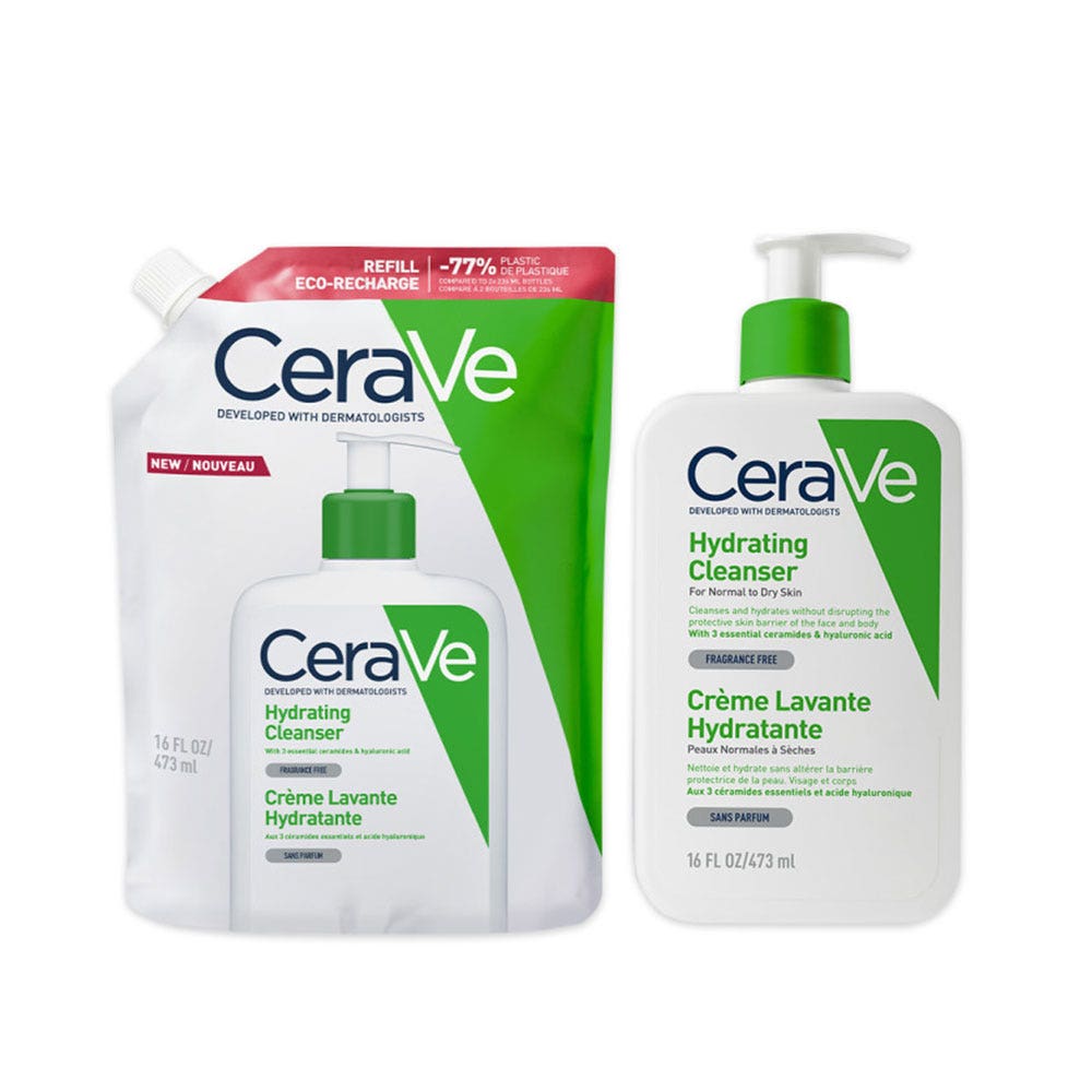Cerave Cleanse Cuerpo Crema limpiadora hidratante facial y corporal + recarga eco piel normal y seca 2 x 473 ml