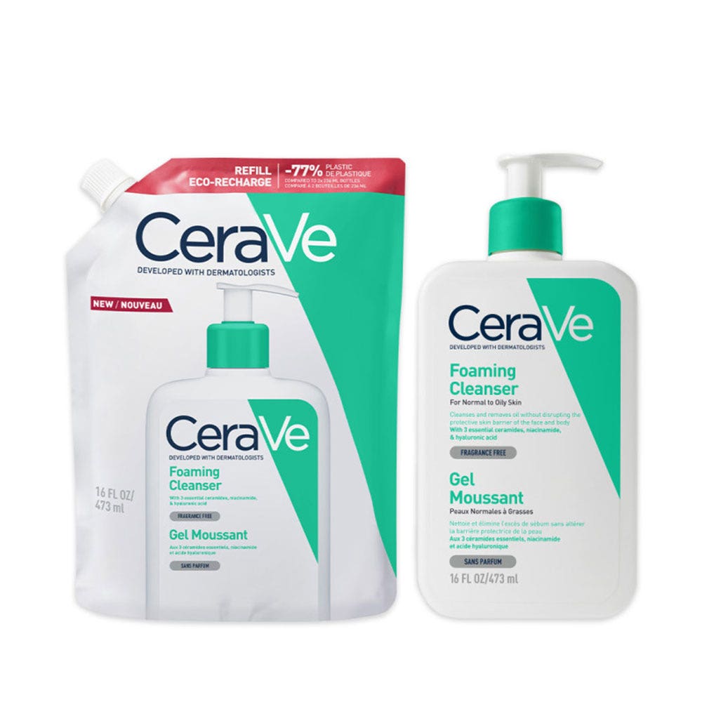 Cerave Cleanse Rostro Gel espumoso facial y cuello + recarga eco piel normal y grasa 2 x 473 ml