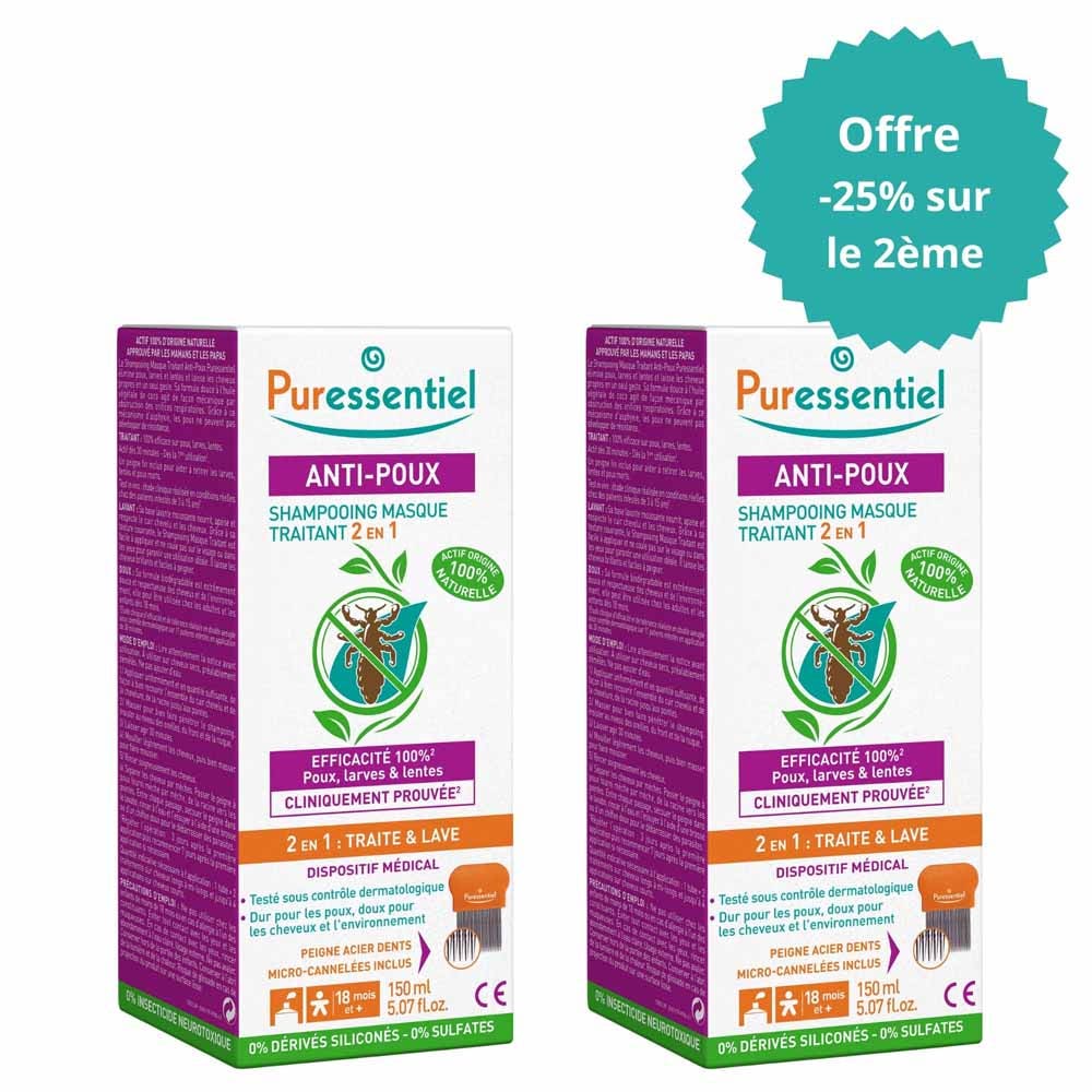Puressentiel Antipiojos Champú Mascarilla 2en1 Antipiojos Con Peine 2x150ml