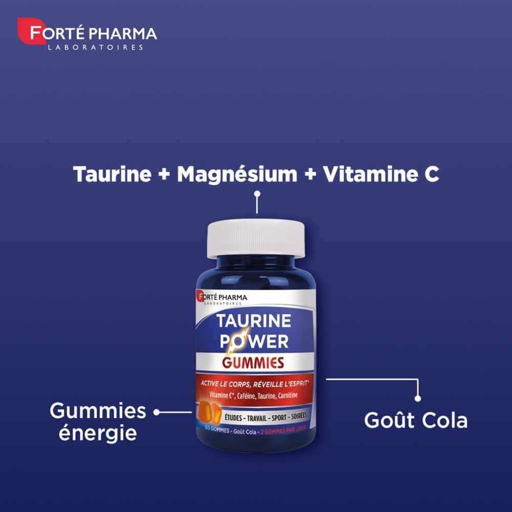 Forté Pharma Taurine Power Gummies - 60 Gommes à La Saveur Cola Pour L'énergie Et Anti-fatigue - Sans Gluten, Sans Lactose