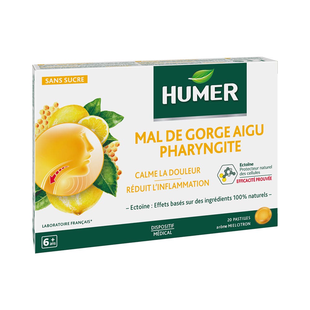 Humer Dolor de garganta agudo faringitis miel limón 20 pastillas