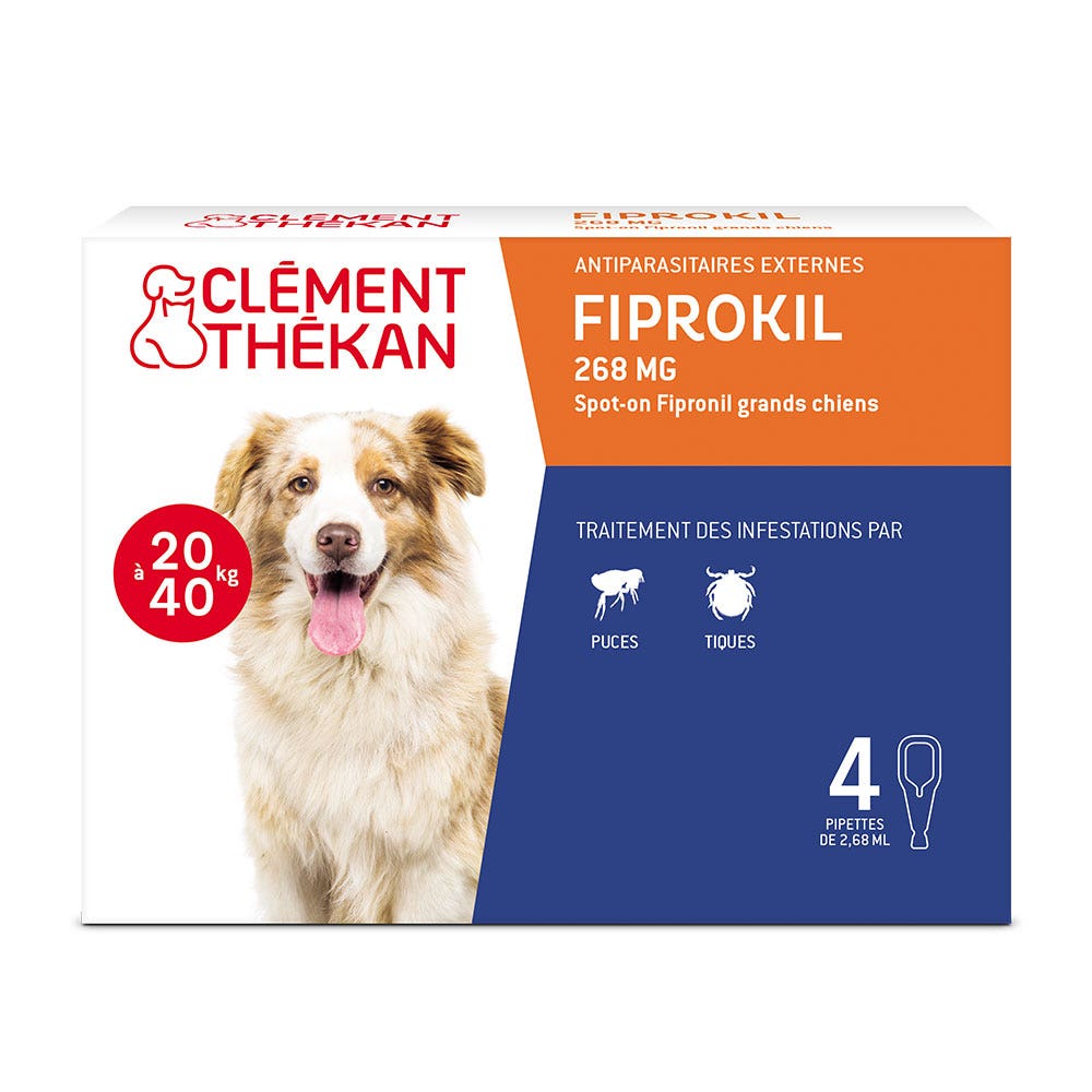 Clement-Thekan Fiprokil Anti-Puces Anti-Tiques Chien 20-40kg 4 Pipettes 2.68 ml x 4 pipetas