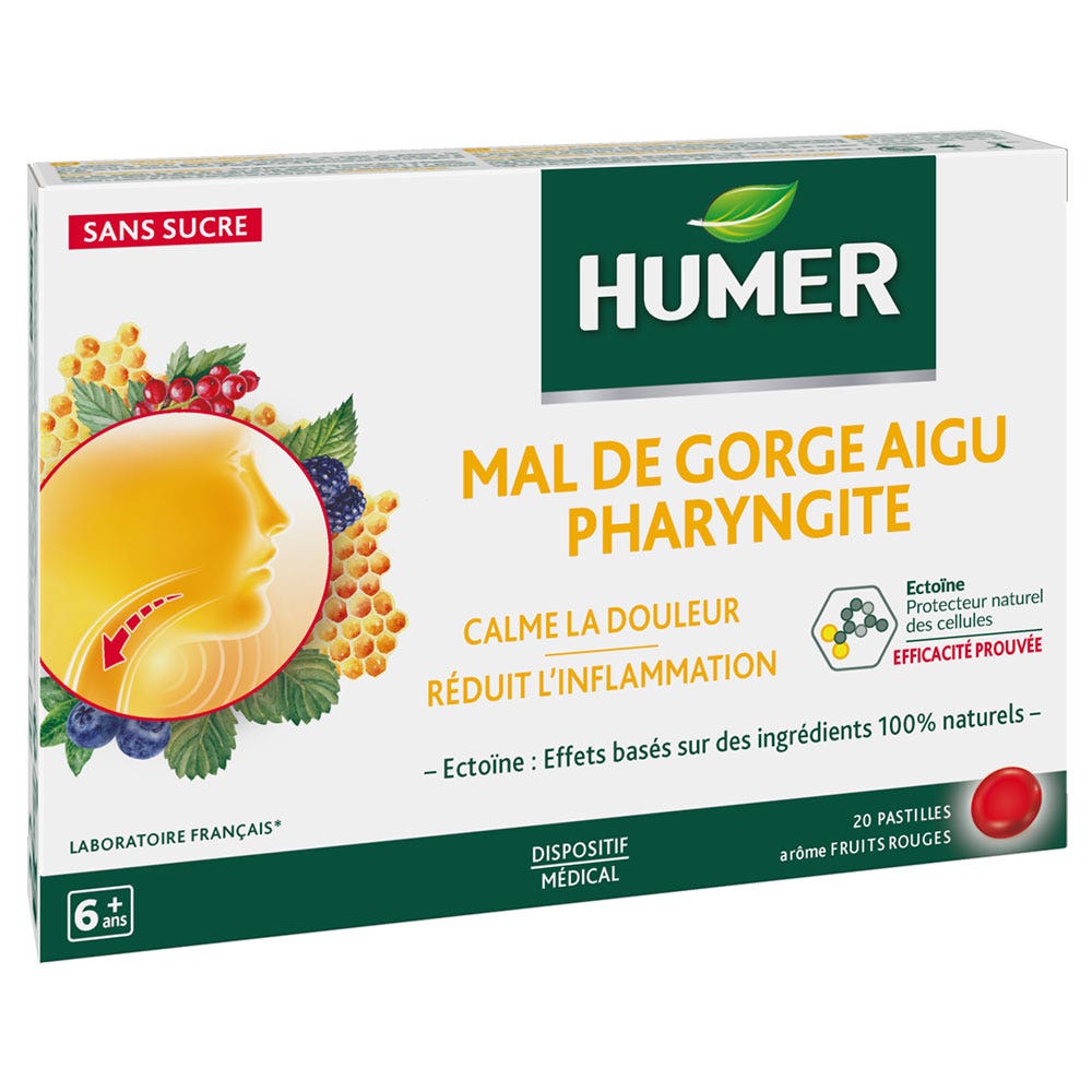 Humer Dolor de garganta agudo faringitis sabor frutos rojos 20 pastillas