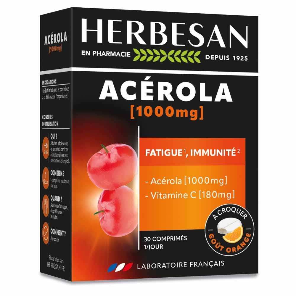 Herbesan Acerola 1000mg Vitamina C 180mg Sabor a naranja 30 comprimidos