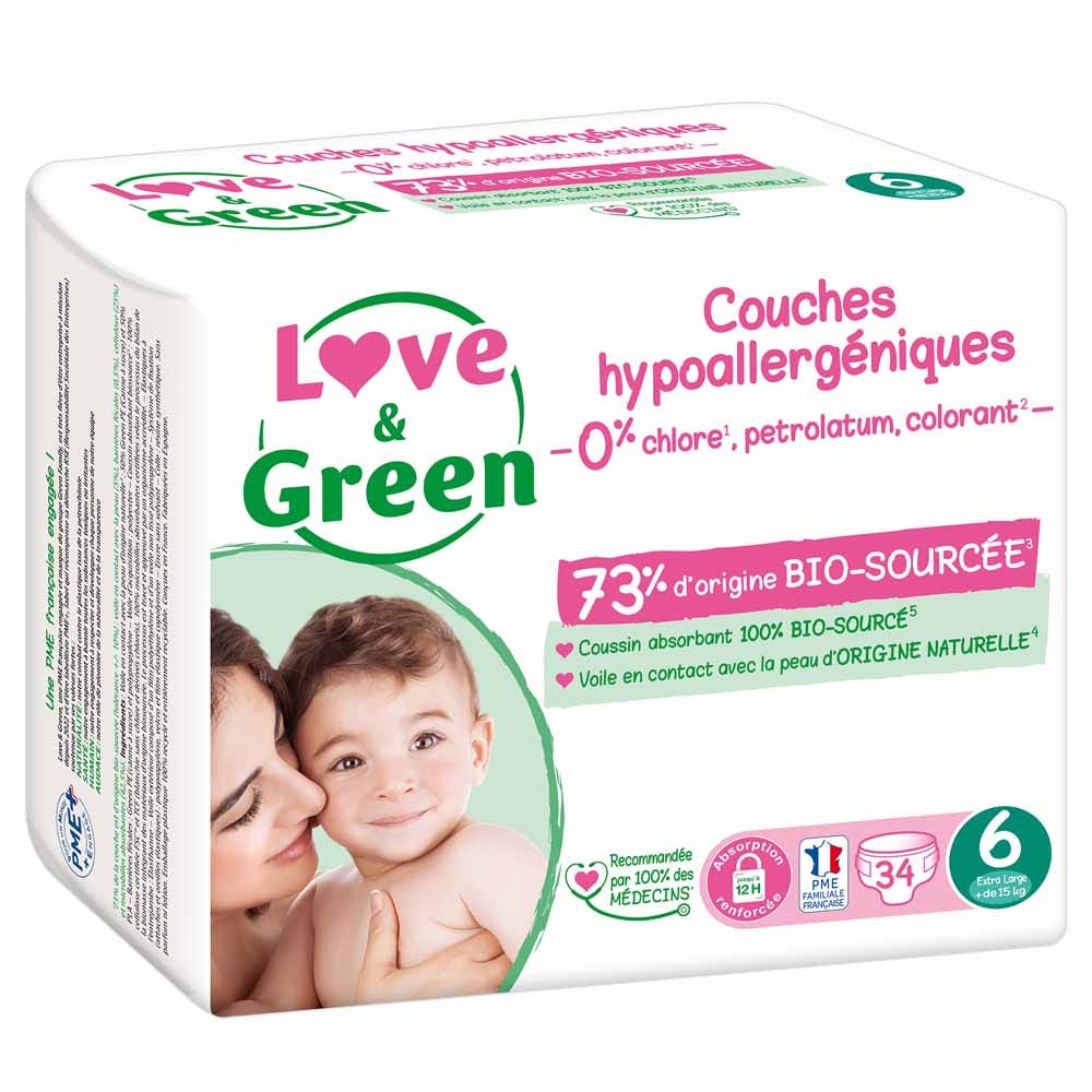 Love&Green Pañales hipoalergénicos Talla 6 Extra Grande + de 15kg x34