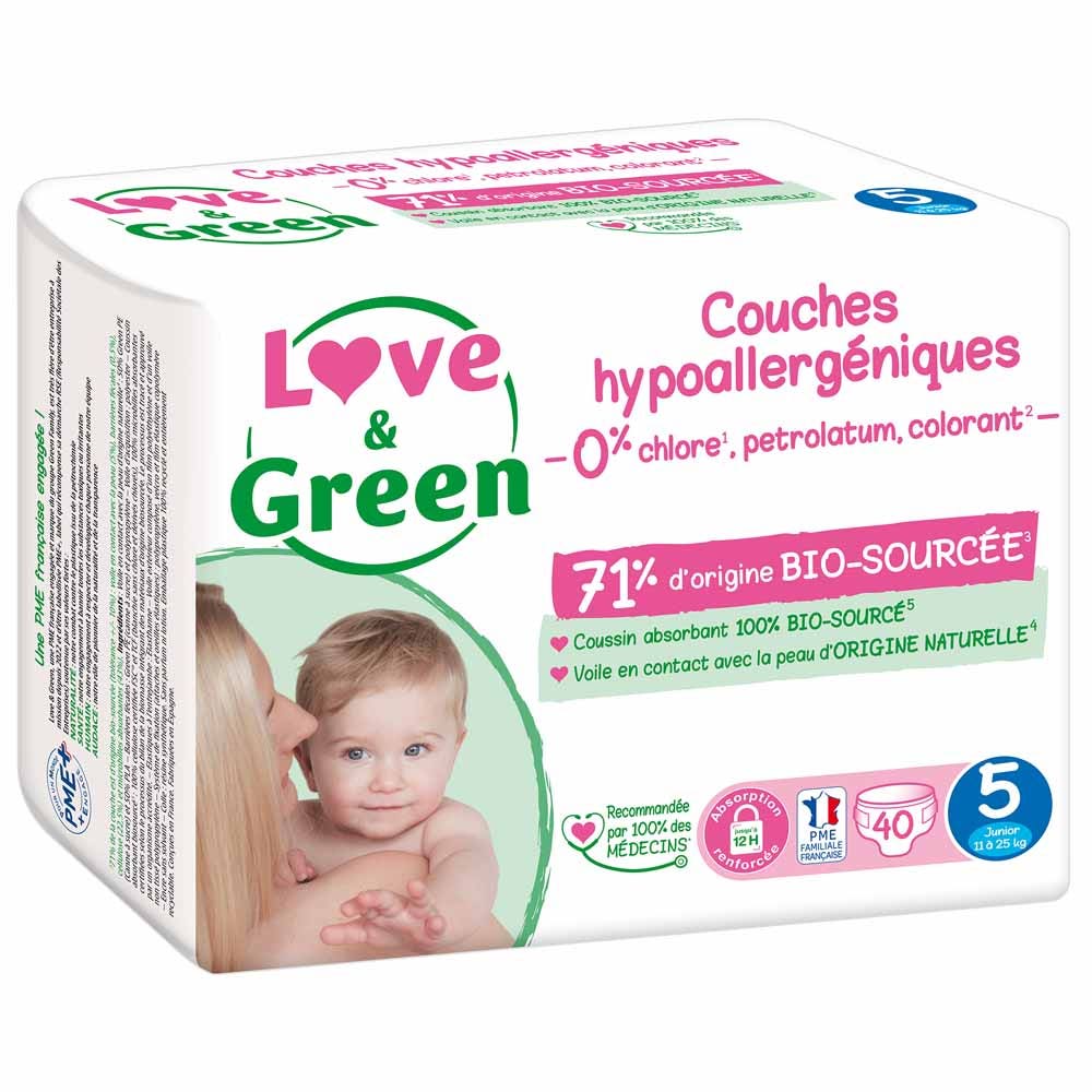 Love&Green Pañales hipoalergénicos Talla 5 Junior de 11 a 25 kg x40