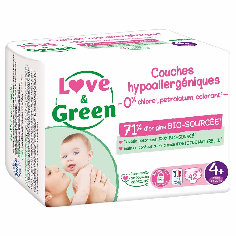 Love&Green Pañales hipoalergénicos Talla 4+ de 9 a 20 kg x42