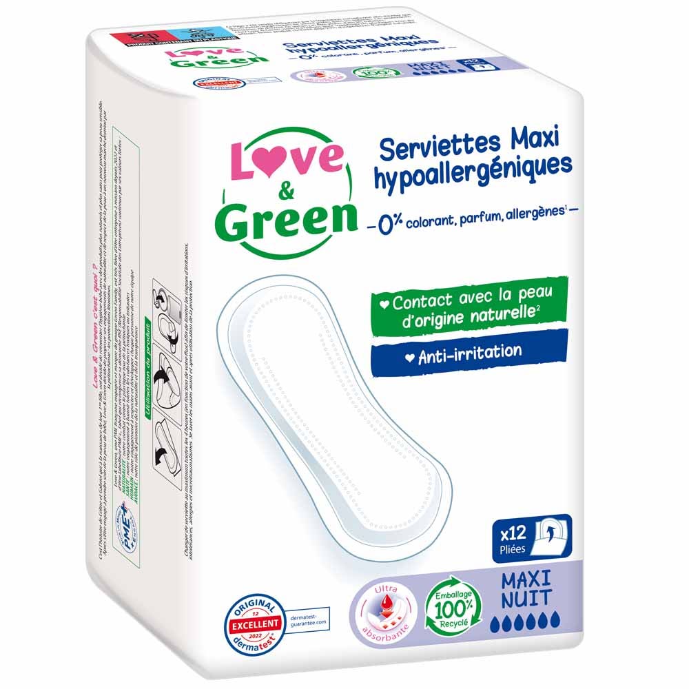 Love&Green Antiirritaciones Maxi Noche 12 Toallas