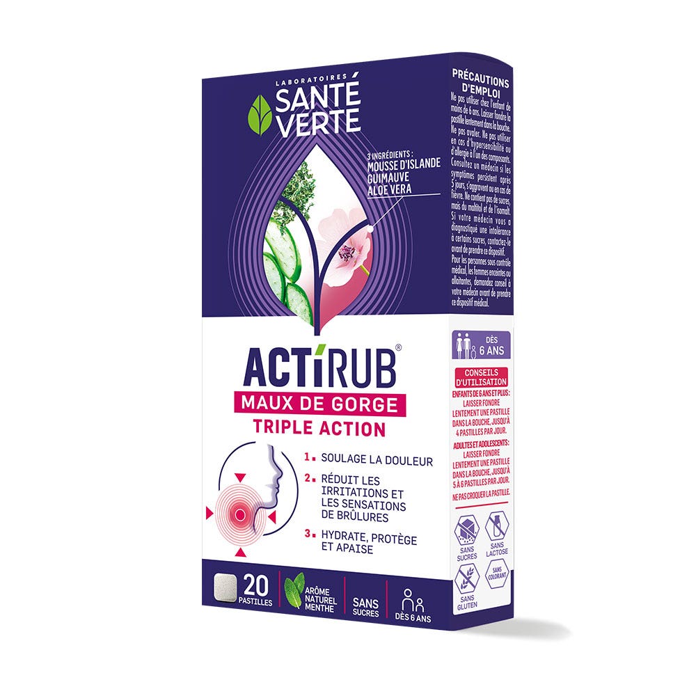 Sante Verte ActiRub Dolor de garganta triple acción 20 comprimidos
