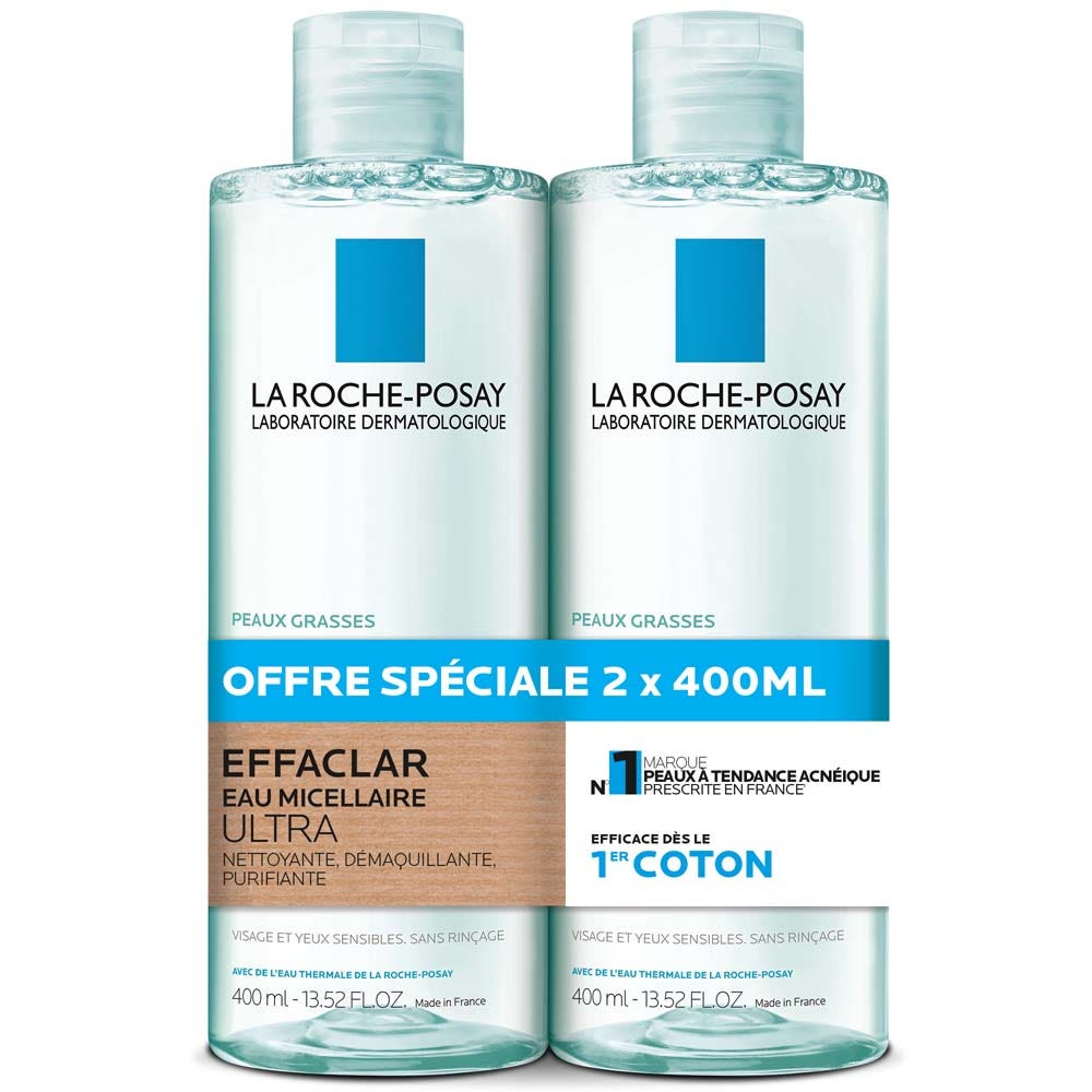 La Roche-Posay Effaclar Agua micelar ultra limpiadora desmaquillante purificante piel grasa 2 x 400 ml