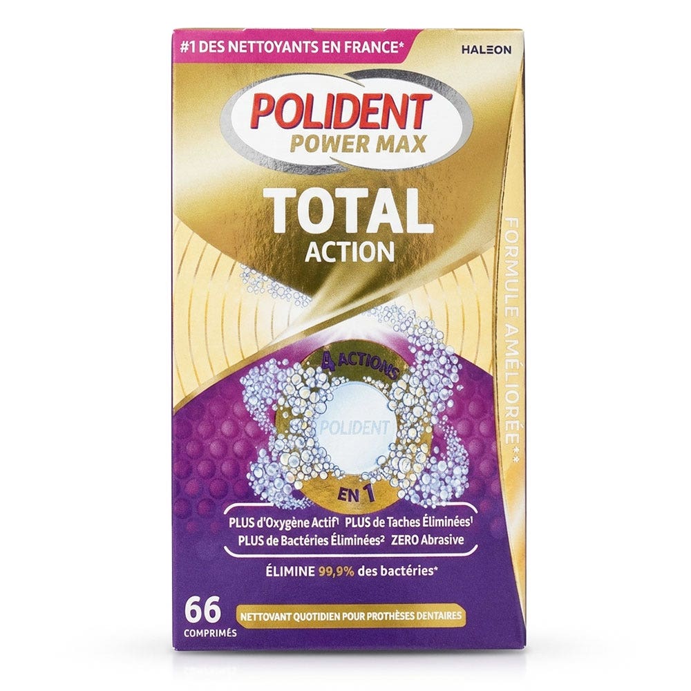Polident Power Max acción total limpiador para prótesis dentales 66 comprimidos
