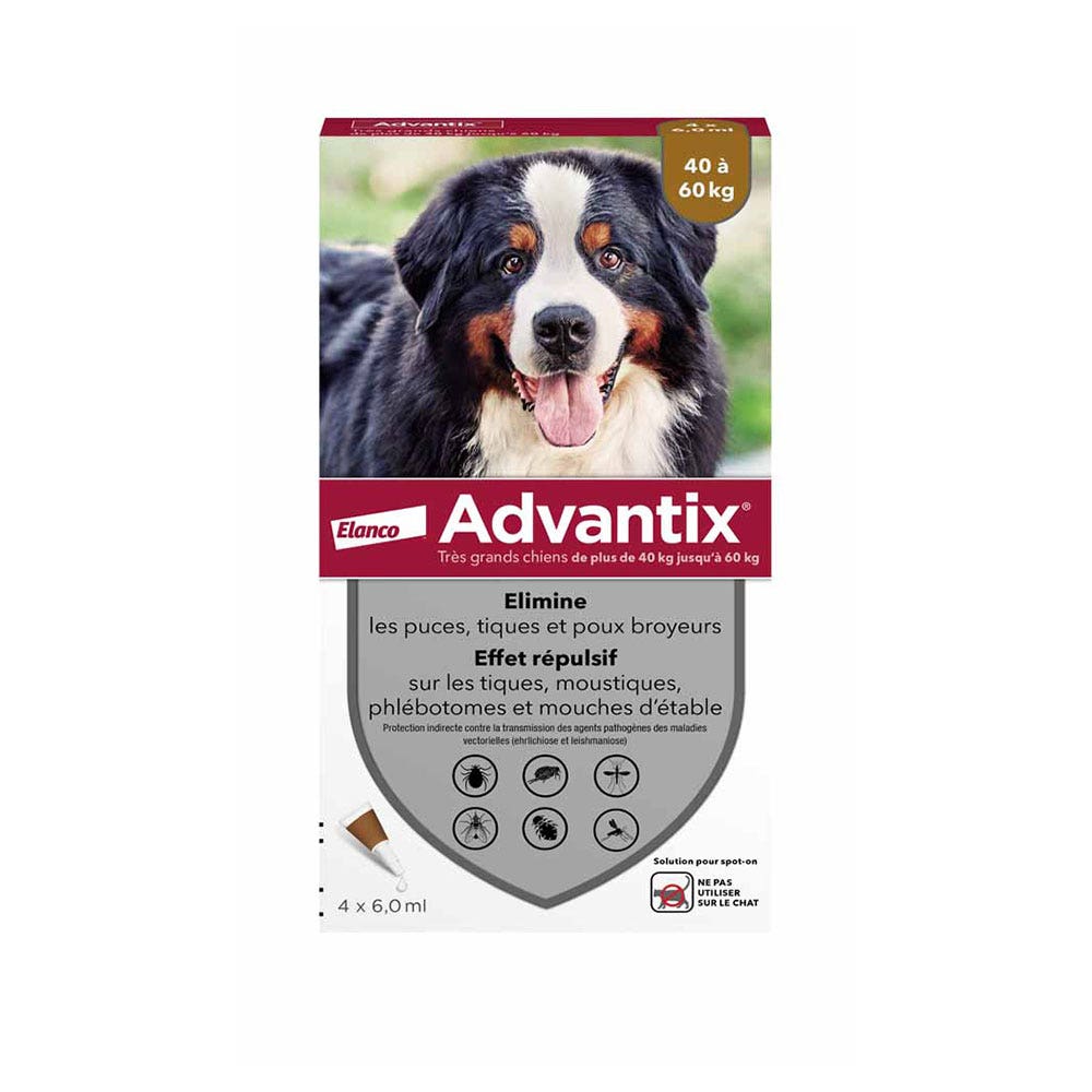 Advantix Pipetas para perros de gran tamaño para perros de 40 a 60 kg 4 x 6 ml
