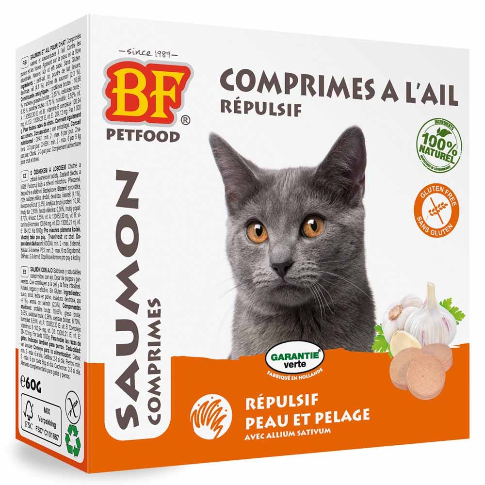 Biofood BF Petfood Ajo repelente para piel y pelaje de gatos sabor salmón 100 comprimidos