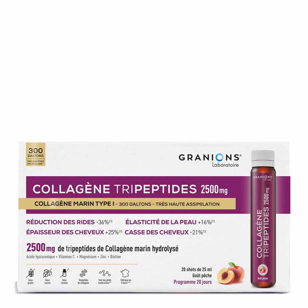 Granions Colágeno tripéptidos 2500 mg melocotón piel y cabello 20 ampollas