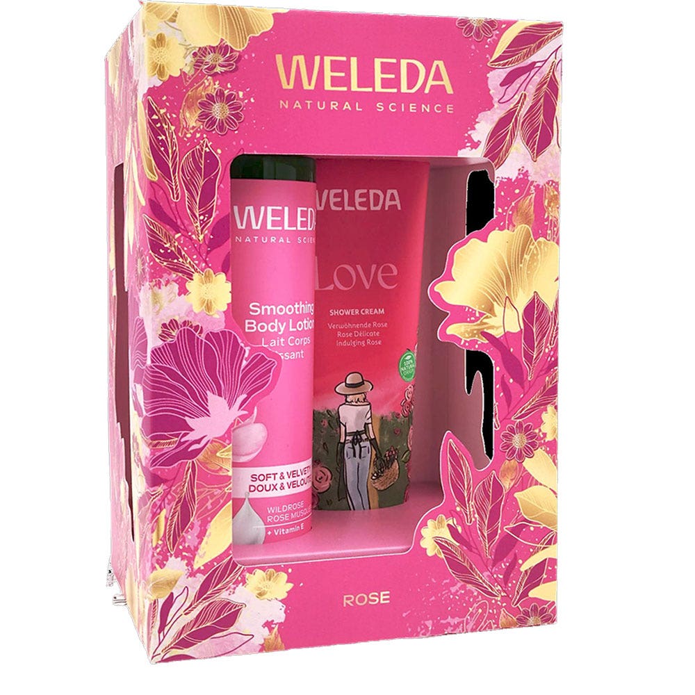 Weleda Coffret Rosa leche corporal alisante rosa mosqueta Love crema de ducha 100 ml